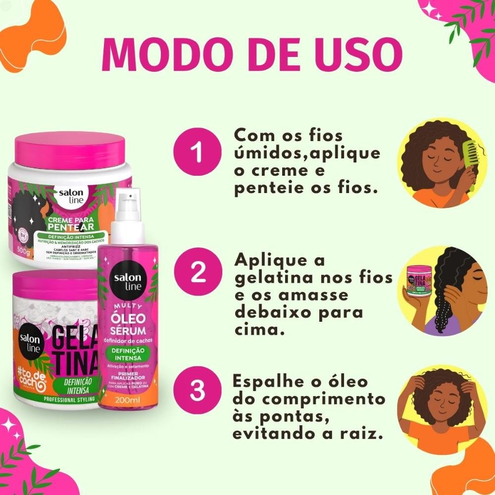 Kit Salon Line Definição Intensa: Creme Para Pentear 500g, Gelatina Capilar 550g e Óleo Sérum Capilar 200ml ÚNICO 6