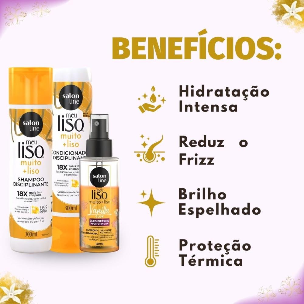 Kit Salon Line Meu Liso Muito + Liso: Shampoo, Condicionador 300ml e Óleo Bifásico Capilar 120ml ÚNICO 2