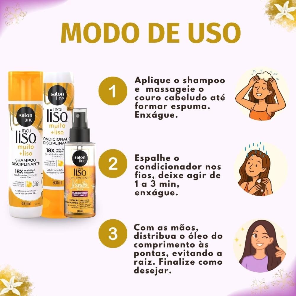 Kit Salon Line Meu Liso Muito + Liso: Shampoo, Condicionador 300ml e Óleo Bifásico Capilar 120ml ÚNICO 6