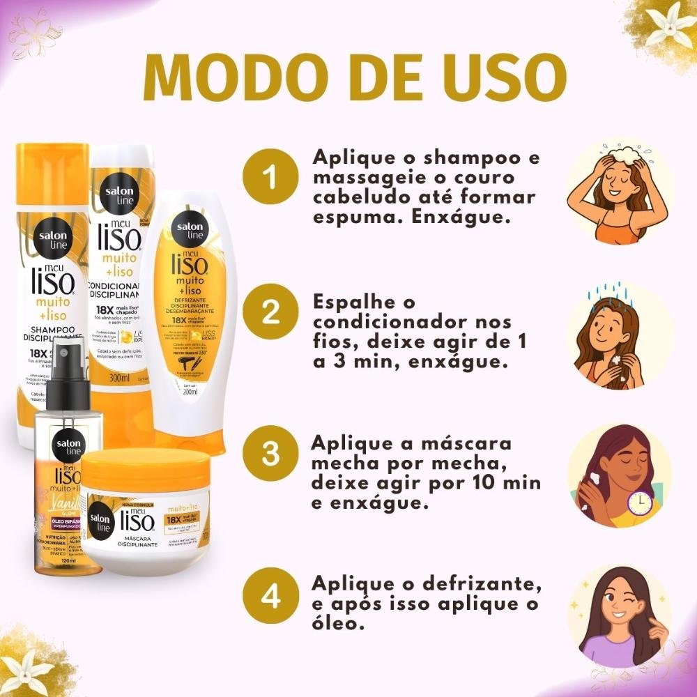 Kit Salon Line Meu Liso Muito + Liso: Shampoo, Condicionador, Máscara 300g, Defrizante e Óleo Bifásico 120ml ÚNICO 6