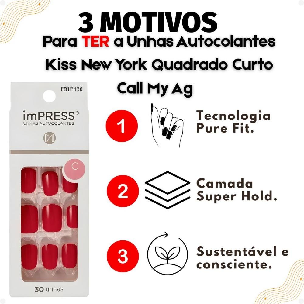 Unhas Autocolantes Kiss New York Quadrado Curto Call My Ag Fbip190 Vermelho 5