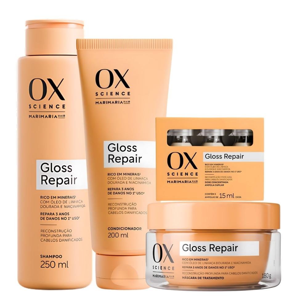 Kit Ox Science Mari Maria Hair Gloss Repair: Shampoo 250ml, Condicionador 200ml, Máscara Capilar 180g e 3 Doses Concentradas