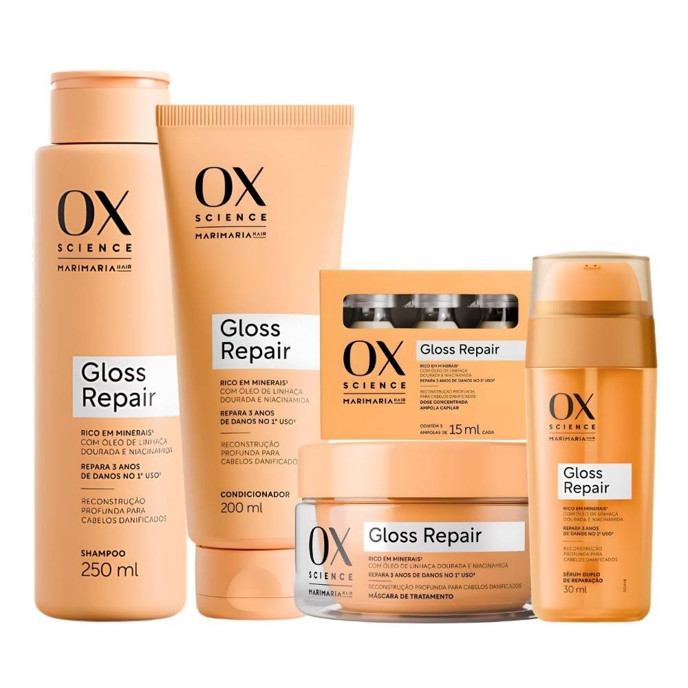 Kit Ox Science Mari Maria Hair Gloss Repair: Shampoo 250ml, Condicionador 200ml, Máscara 180g, 3 Doses Concentradas e Sérum 30ml