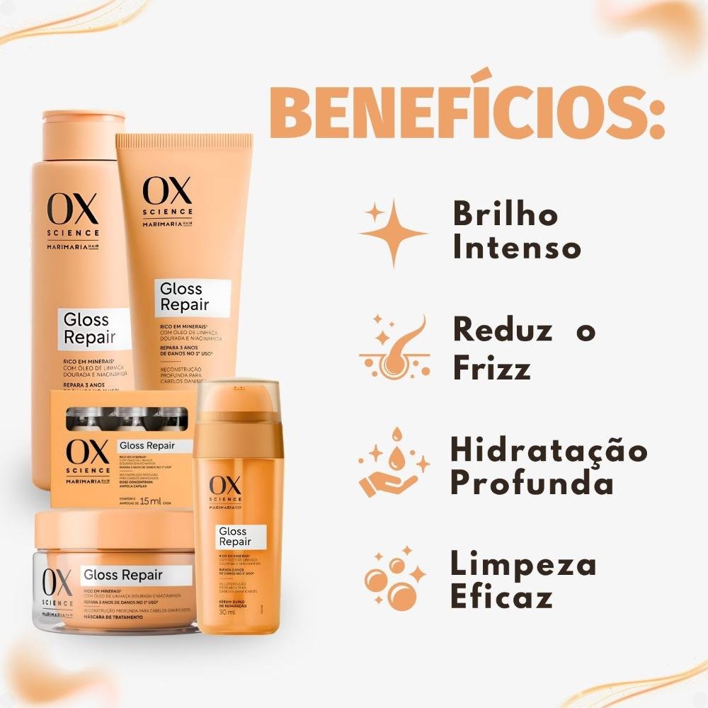Kit Ox Science Mari Maria Hair Gloss Repair: Shampoo 250ml, Condicionador 200ml, Máscara 180g, 3 Doses Concentradas e Sérum 30ml ÚNICO 2