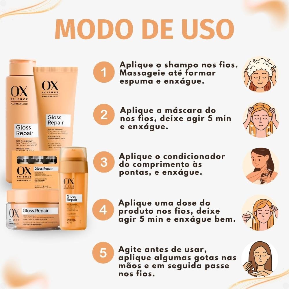 Kit Ox Science Mari Maria Hair Gloss Repair: Shampoo 250ml, Condicionador 200ml, Máscara 180g, 3 Doses Concentradas e Sérum 30ml ÚNICO 5