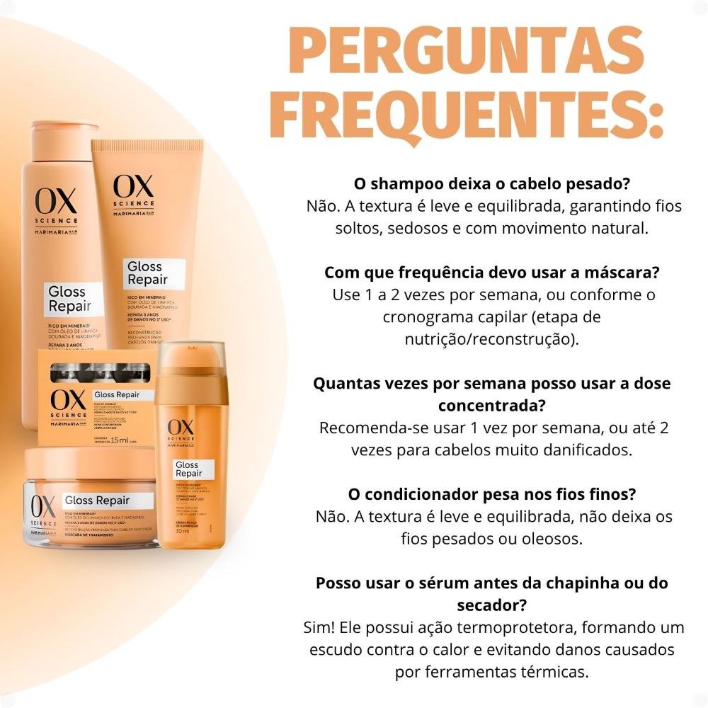 Kit Ox Science Mari Maria Hair Gloss Repair: Shampoo 250ml, Condicionador 200ml, Máscara 180g, 3 Doses Concentradas e Sérum 30ml ÚNICO 6