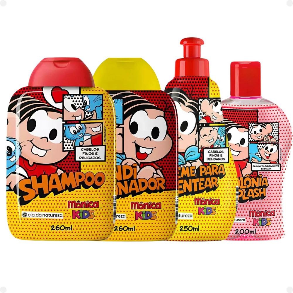 Kit Cia da Natureza Mônica Kids Cabelos Finos e Delicados: Shampoo, Condicionador, Creme Para Pentear e Colônia Splash
