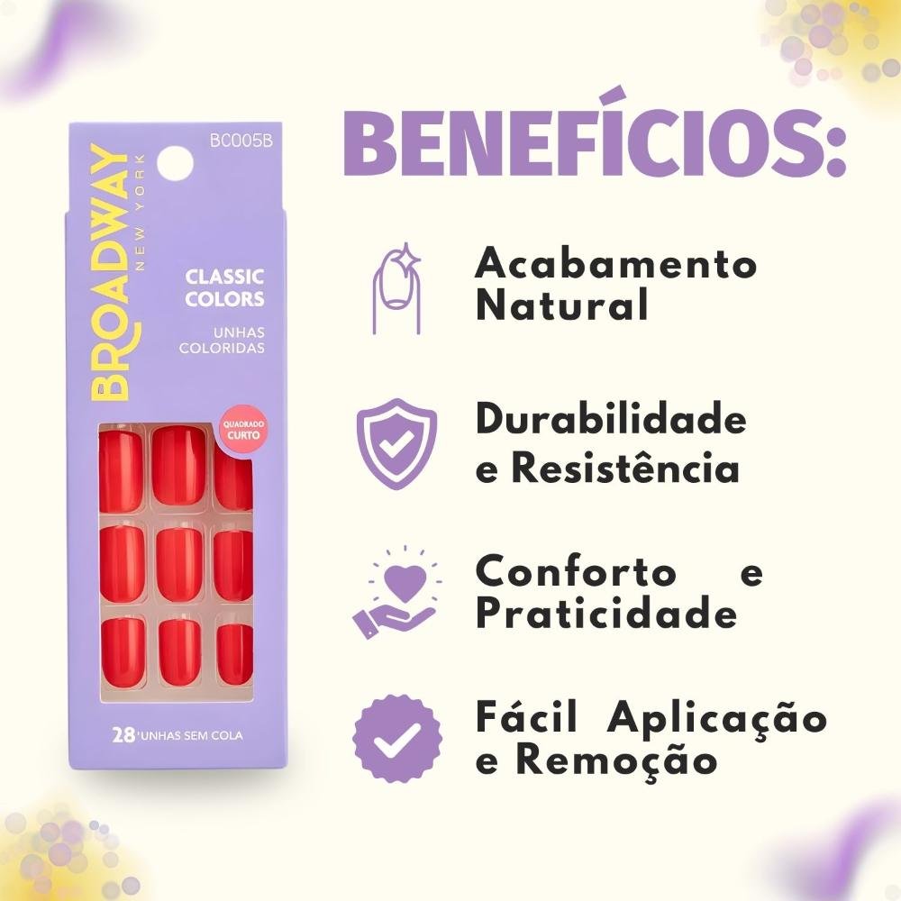 Unhas Postiças Broadway Kiss Ny Classic Colors Quadrado Curto Vintage Bco05b Vermelho 2
