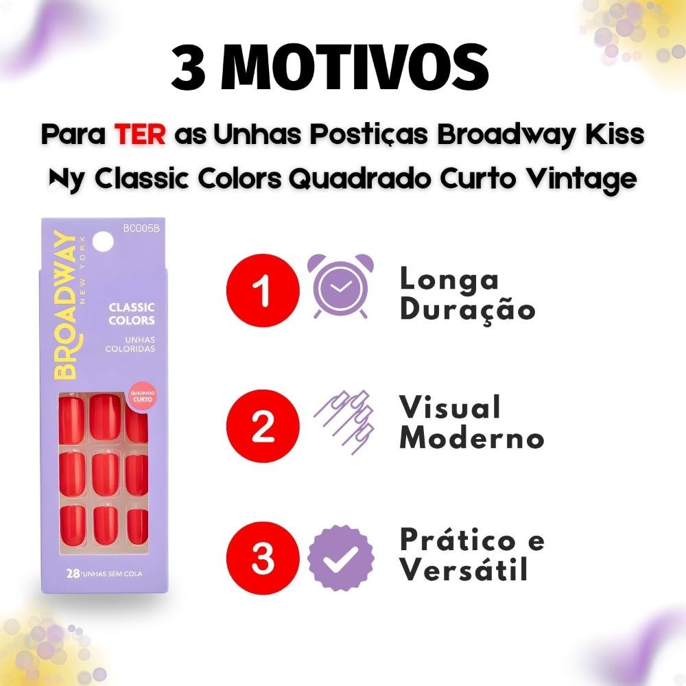 Unhas Postiças Broadway Kiss Ny Classic Colors Quadrado Curto Vintage Bco05b Vermelho 4