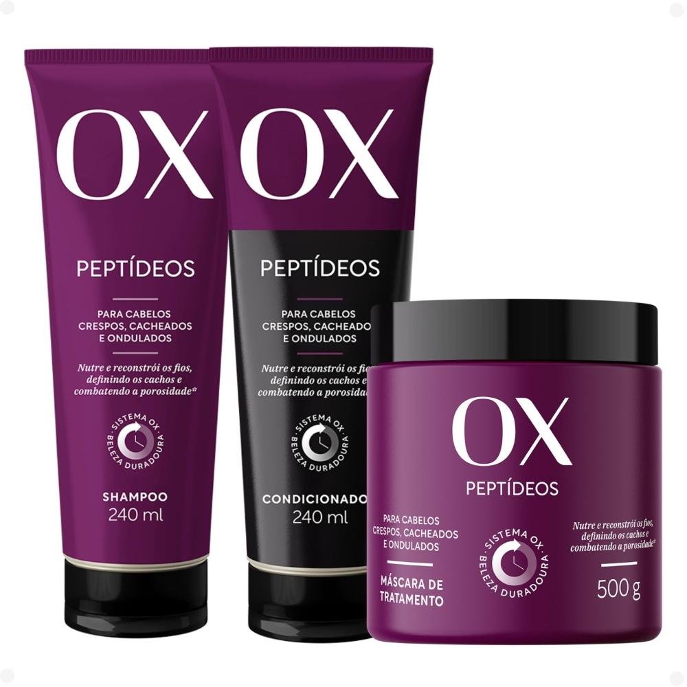Kit OX Peptídeos Cabelos Crespos, Cacheados e Ondulados: Shampoo 240ml, Condicionador 240ml e Máscara de Tratamento 500g