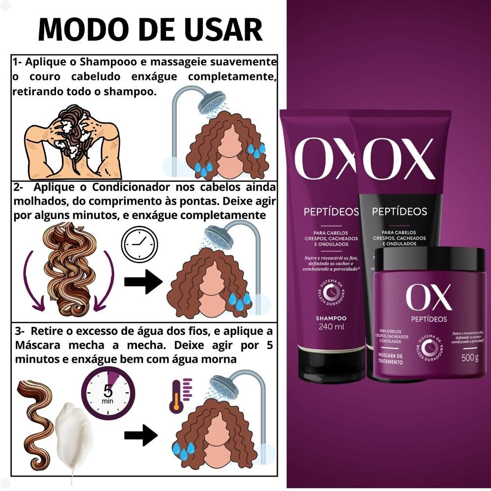 Kit OX Peptídeos Cabelos Crespos, Cacheados e Ondulados: Shampoo 240ml, Condicionador 240ml e Máscara de Tratamento 500g ÚNICO 3