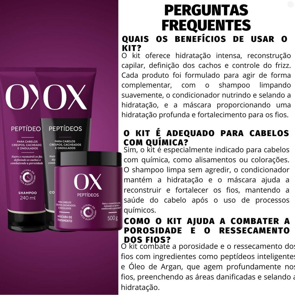 Kit OX Peptídeos Cabelos Crespos, Cacheados e Ondulados: Shampoo 240ml, Condicionador 240ml e Máscara de Tratamento 500g ÚNICO 4