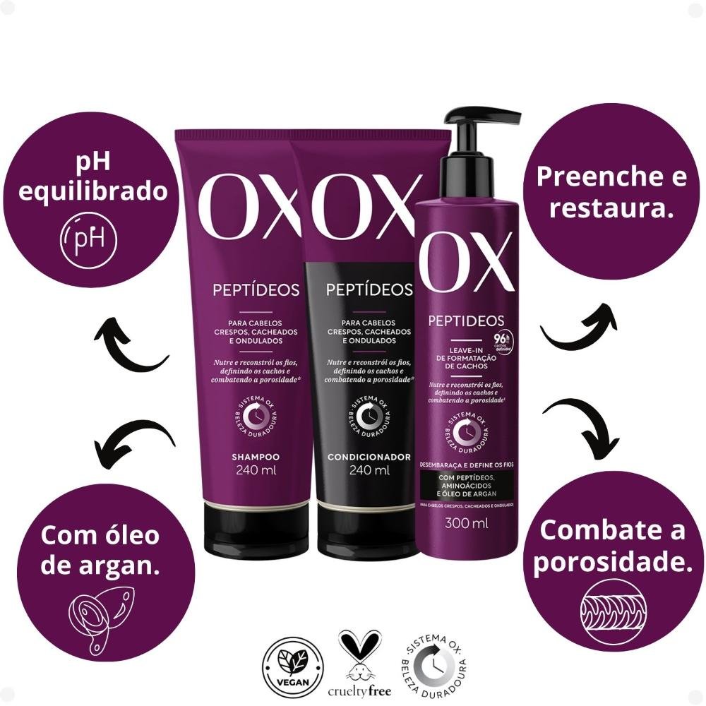 Kit OX Peptídeos Cabelos Crespos, Cacheados e Ondulados: Shampoo 240ml, Condicionador 240ml e Leave-in 300g ÚNICO 2