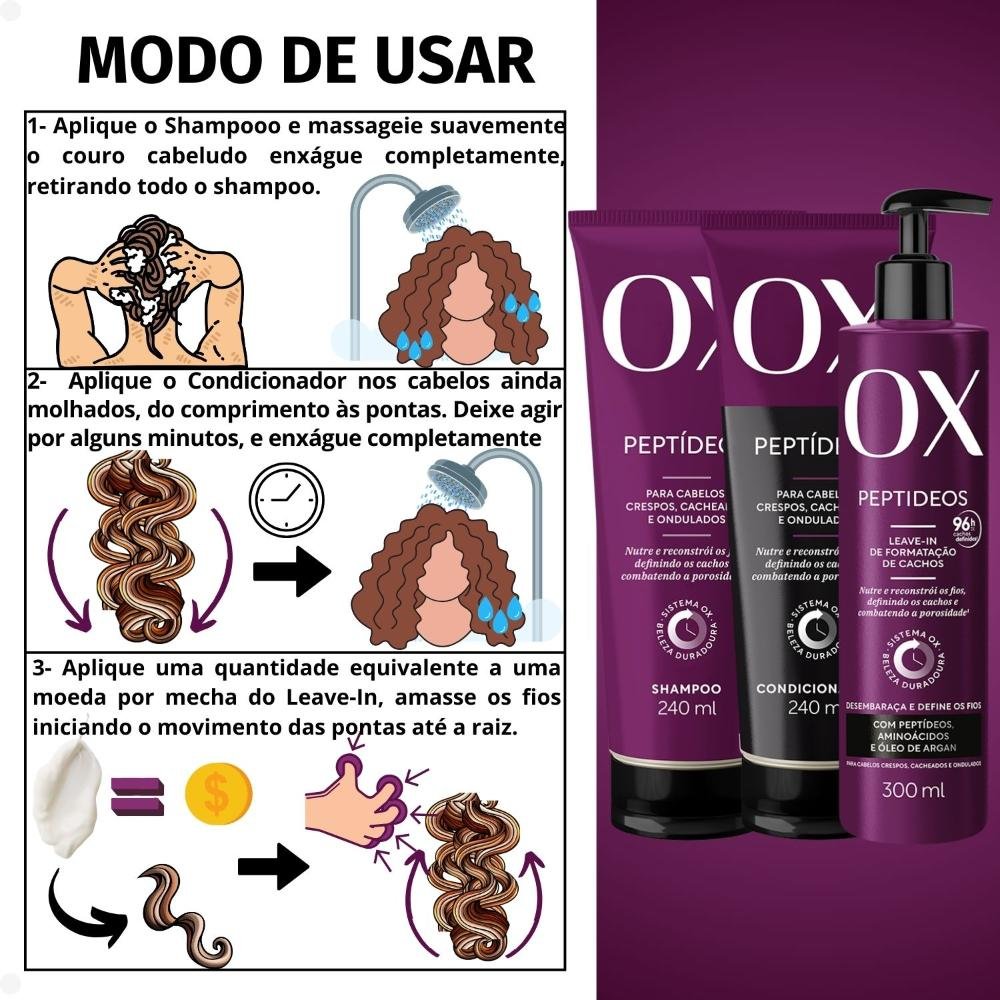 Kit OX Peptídeos Cabelos Crespos, Cacheados e Ondulados: Shampoo 240ml, Condicionador 240ml e Leave-in 300g ÚNICO 3
