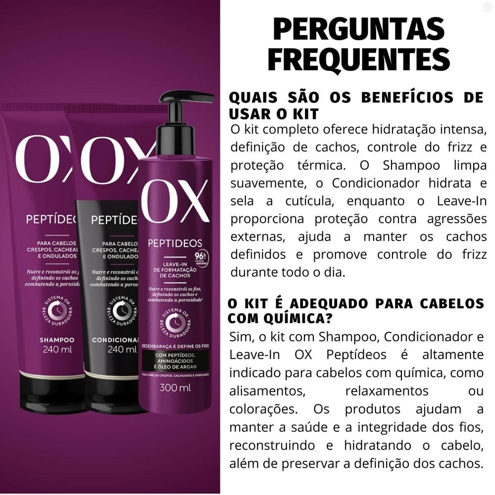Kit OX Peptídeos Cabelos Crespos, Cacheados e Ondulados: Shampoo 240ml, Condicionador 240ml e Leave-in 300g ÚNICO 4