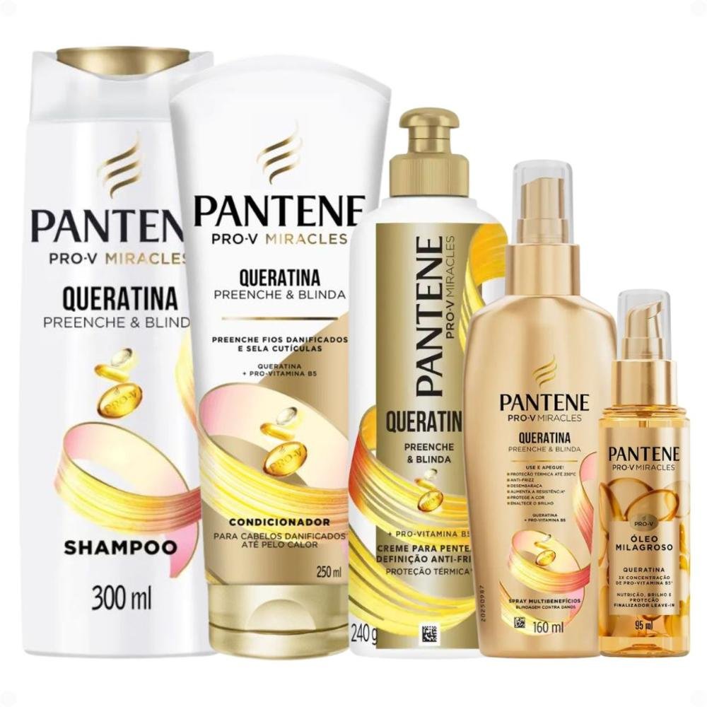Kit Pantene Pro-V Queratina: Shampoo 300ml, Condicionador 250ml, Creme Para Pentear 240g,  Spray Multibenefícios 160ml e Óleo Capilar 95ml
