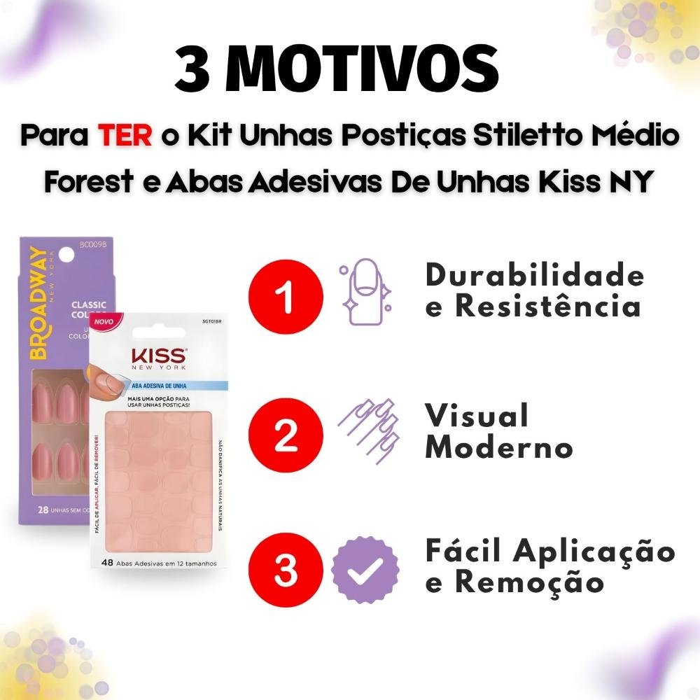 Kit Kiss New York: Unhas Postiças Stiletto Médio Forest e Abas Adesivas De Unhas ÚNICO 5