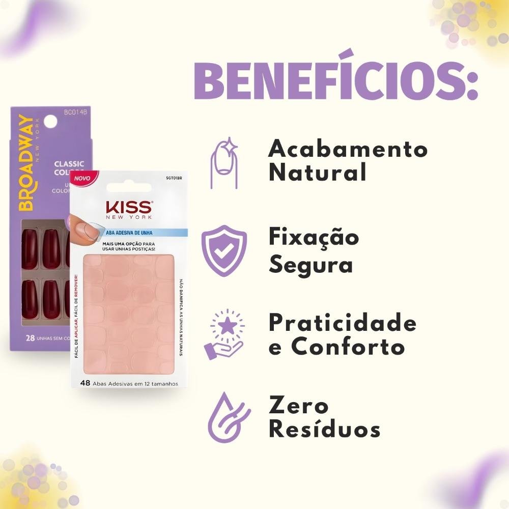 Kit Kiss New York: Unhas Postiças Bailarina Longo Lavender e Abas Adesivas Unhas ÚNICO 2