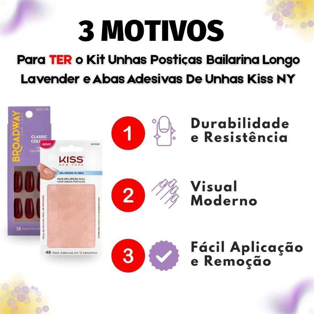 Kit Kiss New York: Unhas Postiças Bailarina Longo Lavender e Abas Adesivas Unhas ÚNICO 5