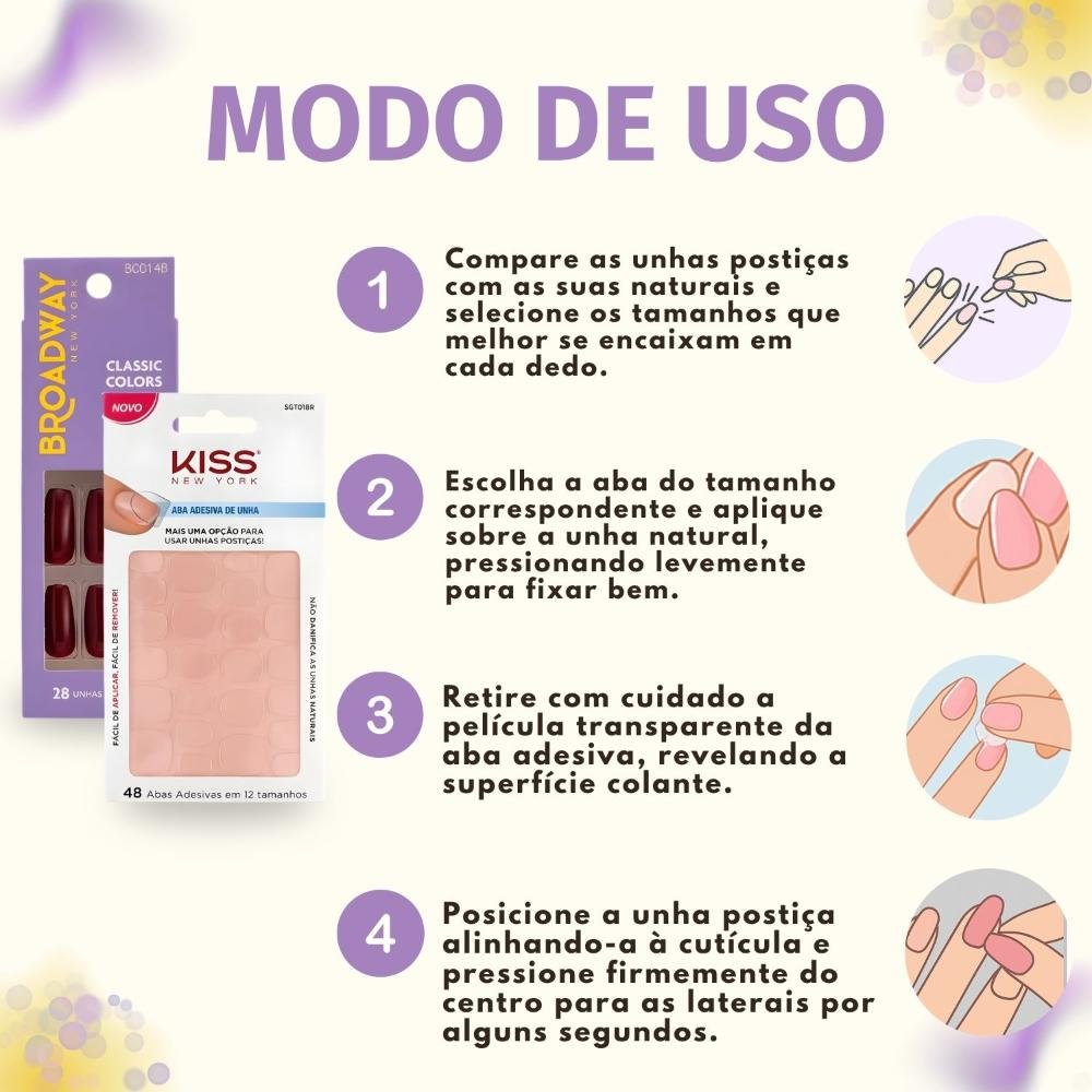 Kit Kiss New York: Unhas Postiças Bailarina Longo Lavender e Abas Adesivas Unhas ÚNICO 6