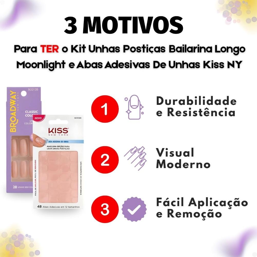 Kit Kiss New York: Unhas Postiças Bailarina Longo Moonlight e Abas Adesivas De Unhas ÚNICO 5