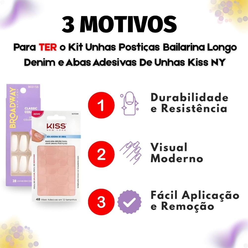 Kit Kiss New York: Unhas Postiças Bailarina Longo Denim e Abas Adesivas De Unhas ÚNICO 5