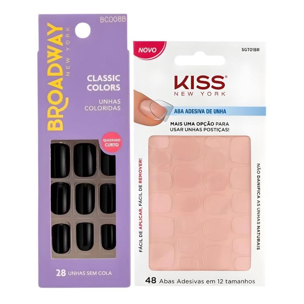 Kit Kiss New York: Unhas Postiças Quadrado Curto Matcha e Abas Adesivas Unhas