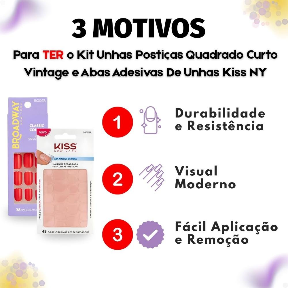 Kit Kiss New York: Unhas Postiças Quadrado Curto Vintage e Abas Adesivas Unhas ÚNICO 5