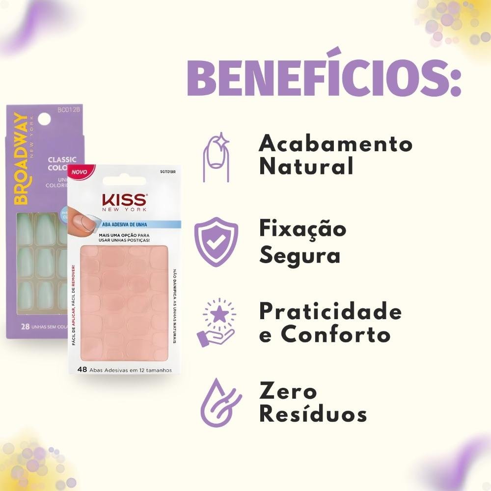 Kit Kiss New York: Unhas Postiças Bailarina Curto Bordeaux e Abas Adesivas De Unhas ÚNICO 2