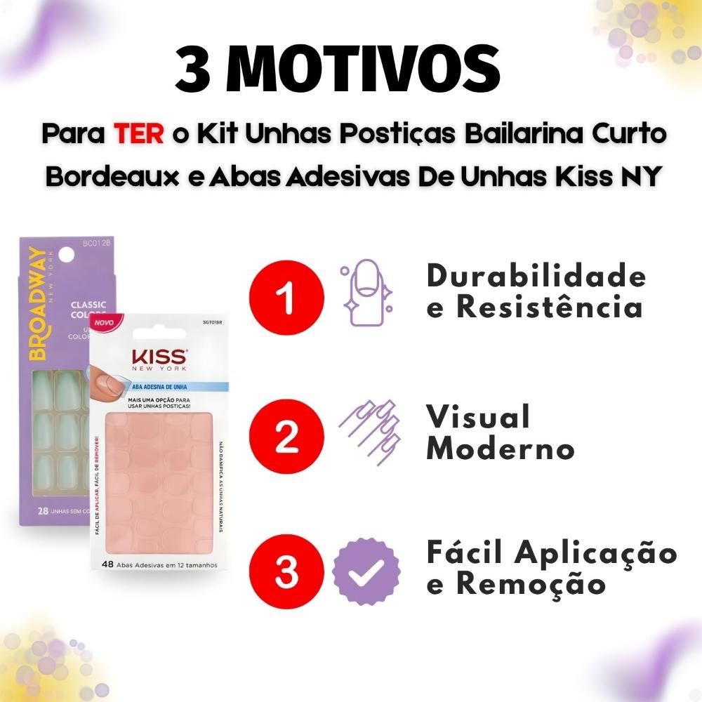 Kit Kiss New York: Unhas Postiças Bailarina Curto Bordeaux e Abas Adesivas De Unhas ÚNICO 5