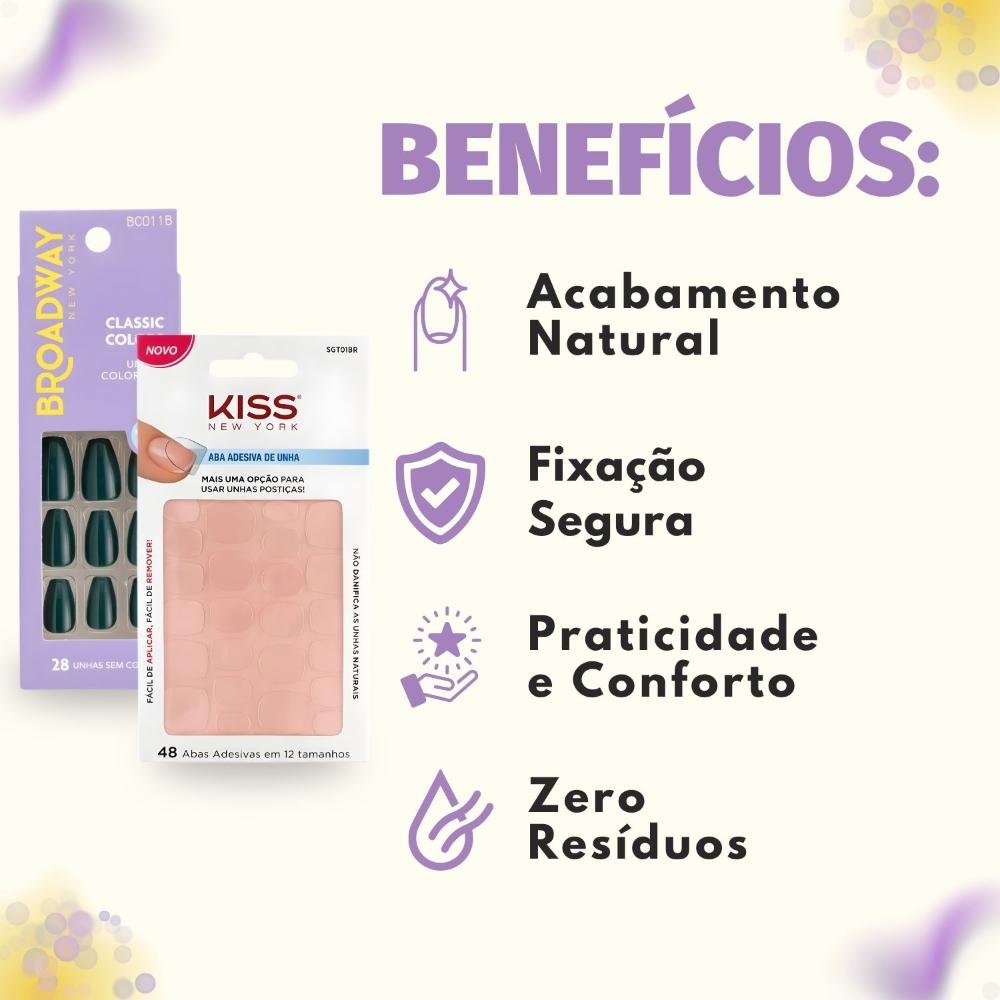 Kit Kiss New York: Unhas Postiças Bailarina Longo Oatmeal e Abas Adesivas De Unhas ÚNICO 2