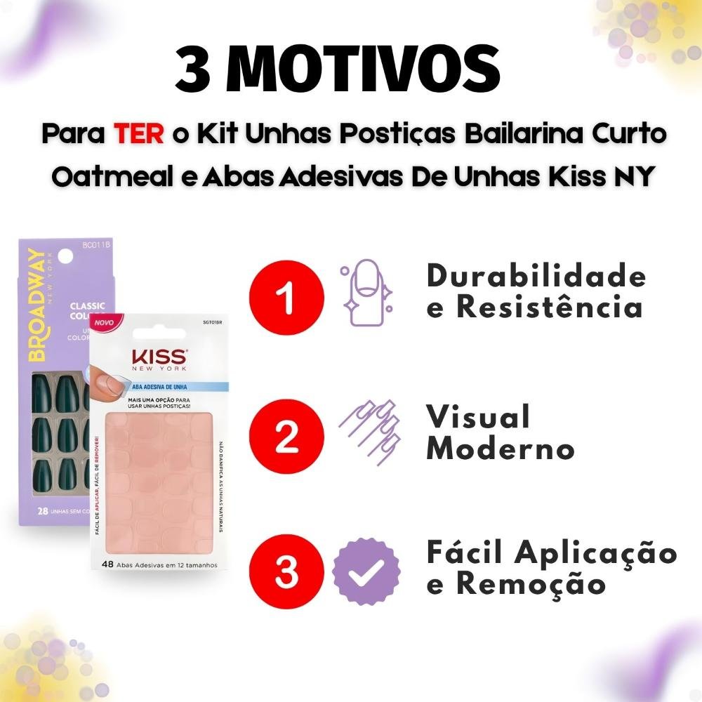 Kit Kiss New York: Unhas Postiças Bailarina Longo Oatmeal e Abas Adesivas De Unhas ÚNICO 5