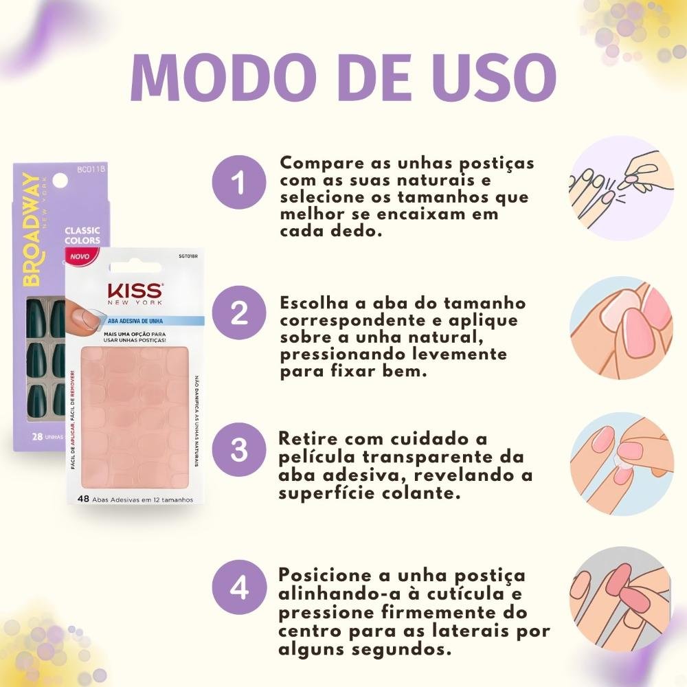 Kit Kiss New York: Unhas Postiças Bailarina Longo Oatmeal e Abas Adesivas De Unhas ÚNICO 6