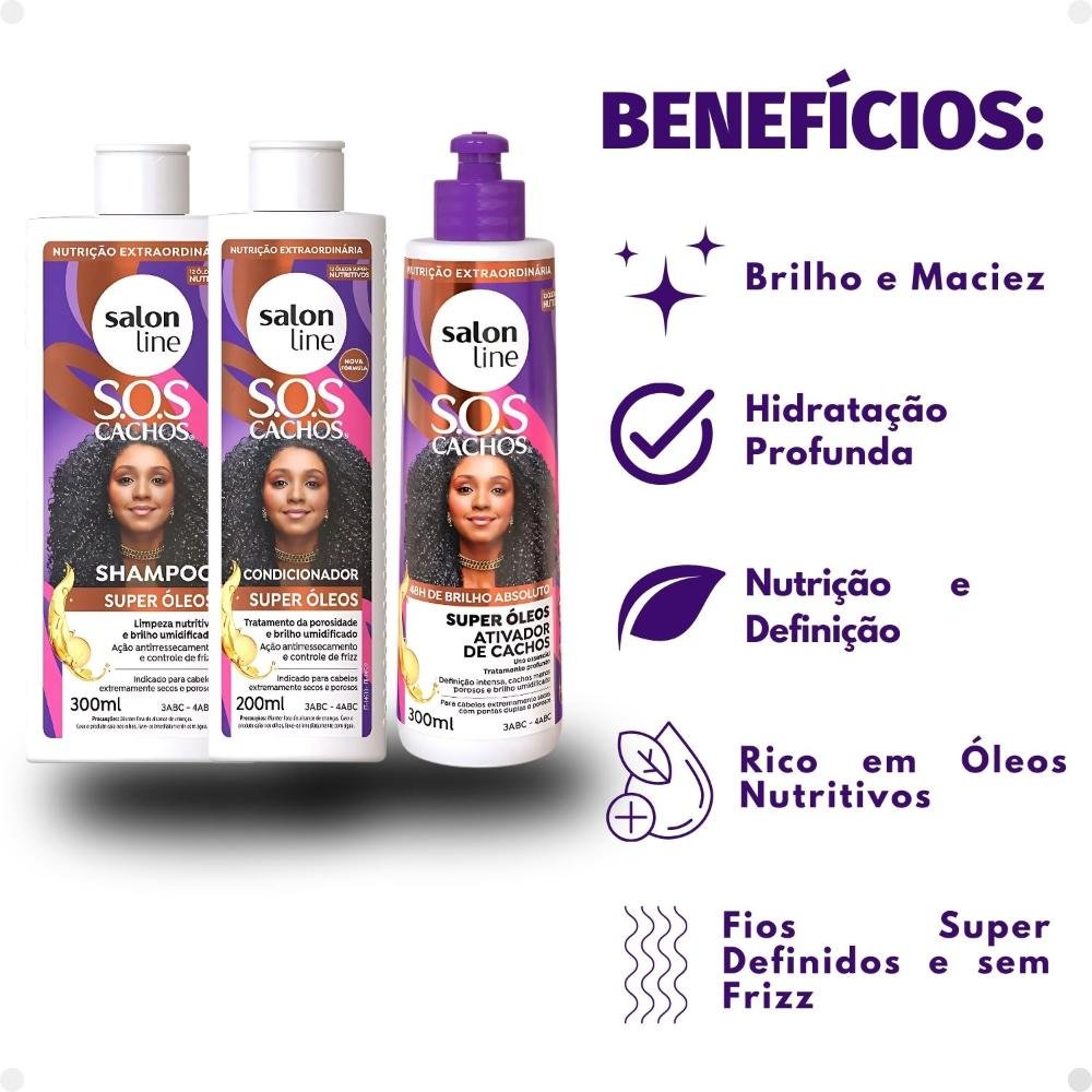 Kit Salon Line SOS Cachos Super Óleos: Shampoo 300ml e Condicionador 200ml + Ativador de Cachos 300ml ÚNICO 2