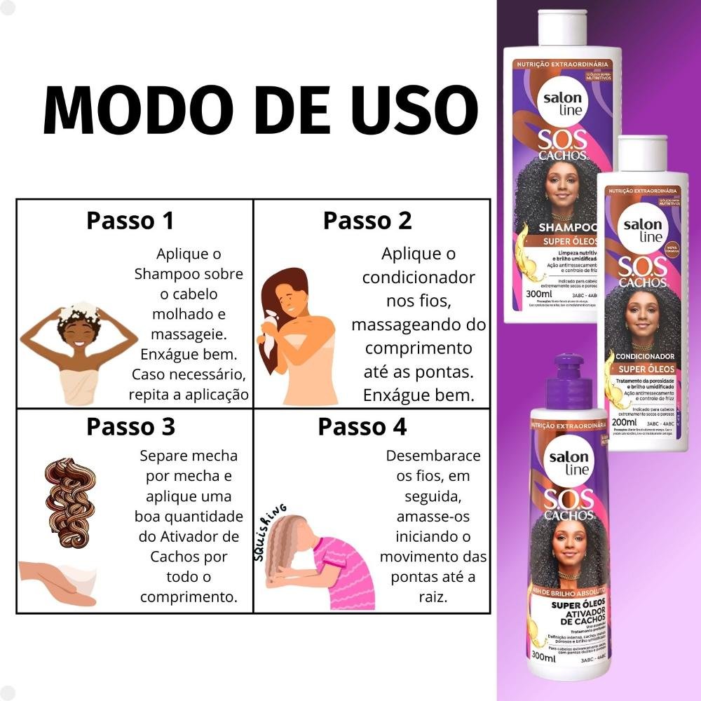 Kit Salon Line SOS Cachos Super Óleos: Shampoo 300ml e Condicionador 200ml + Ativador de Cachos 300ml ÚNICO 5