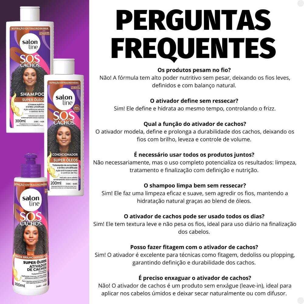 Kit Salon Line SOS Cachos Super Óleos: Shampoo 300ml e Condicionador 200ml + Ativador de Cachos 300ml ÚNICO 7