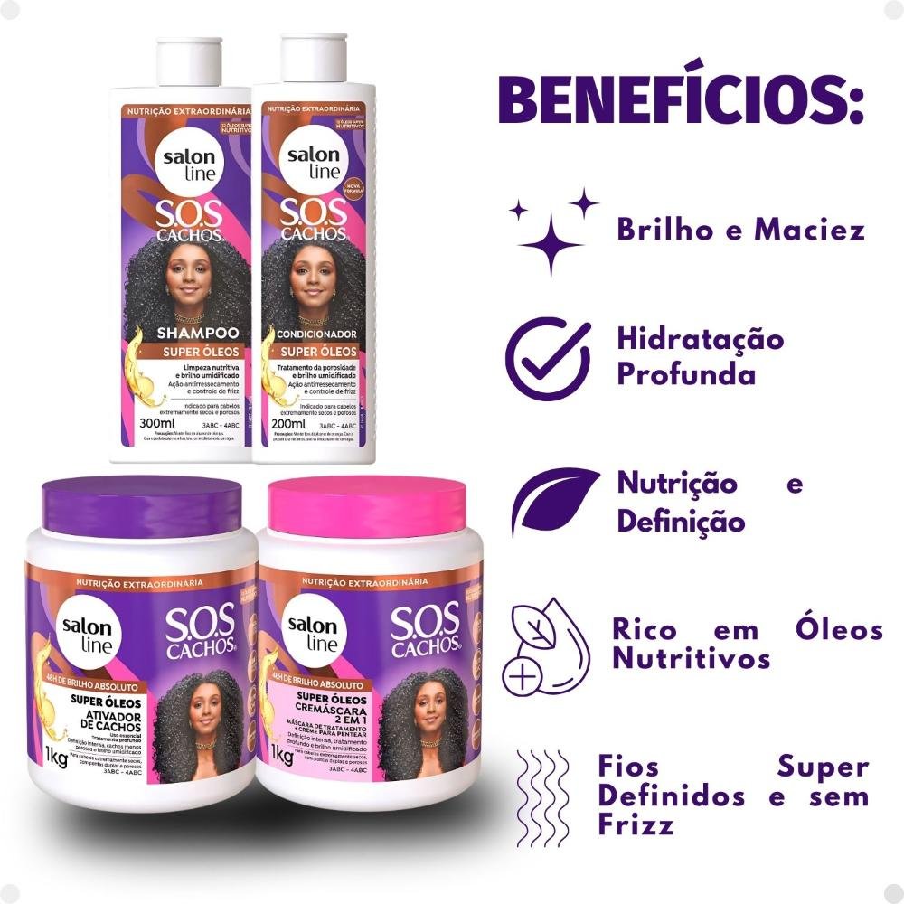Kit Salon Line SOS Cachos Super Óleos: Shampoo 300ml e Condicionador 200ml + Cremáscara 2 em 1 1kg e Ativador de Cachos 1kg ÚNICO 2