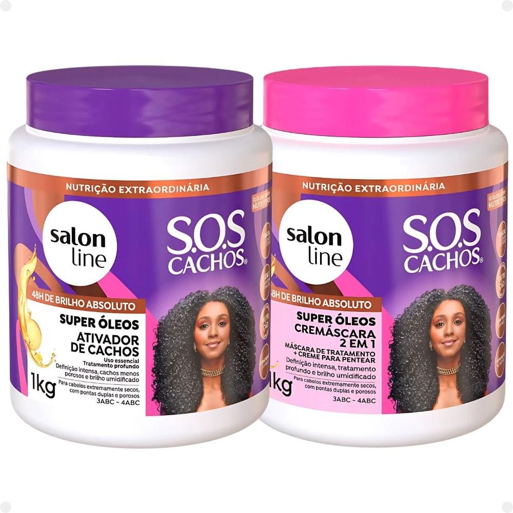 Kit Salon Line SOS Cachos Super Óleos: Shampoo 300ml e Condicionador 200ml + Cremáscara 2 em 1 1kg e Ativador de Cachos 1kg ÚNICO 4