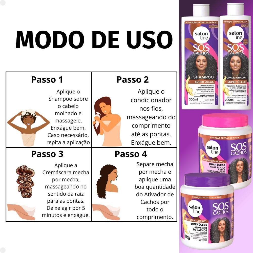 Kit Salon Line SOS Cachos Super Óleos: Shampoo 300ml e Condicionador 200ml + Cremáscara 2 em 1 1kg e Ativador de Cachos 1kg ÚNICO 5