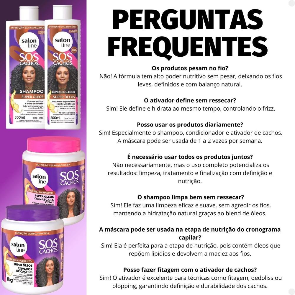 Kit Salon Line SOS Cachos Super Óleos: Shampoo 300ml e Condicionador 200ml + Cremáscara 2 em 1 1kg e Ativador de Cachos 1kg ÚNICO 6