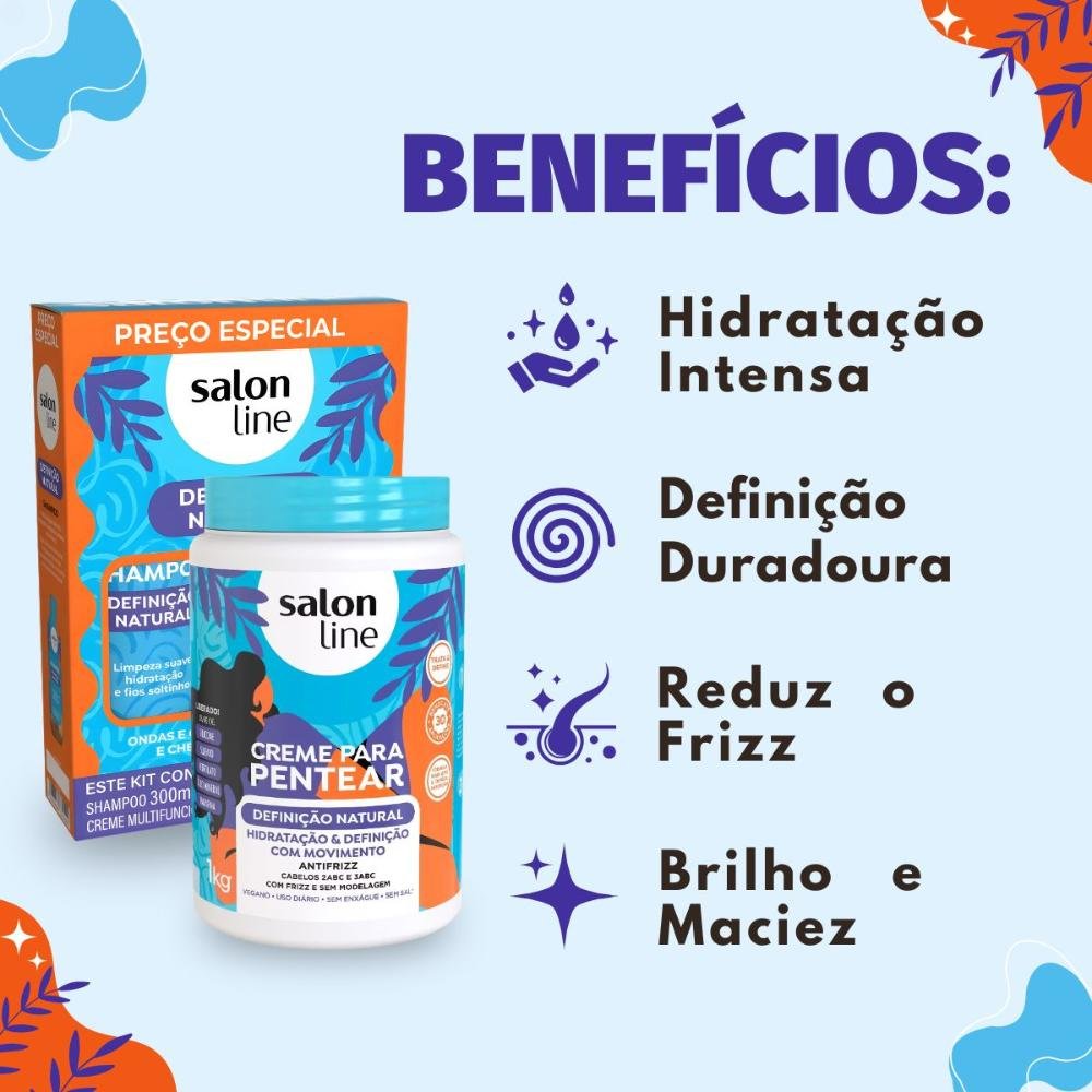 Kit Salon Line Definição Natural: Shampoo, Creme Multifuncional 300ml e Creme Para Pentear 1kg ÚNICO 2