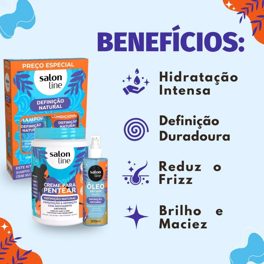 Kit Salon Line Definição Natural: Shampoo, Creme Multifuncional 300ml, Creme Para Pentear 1kg e Óleo Sérum Capilar 200ml ÚNICO 2