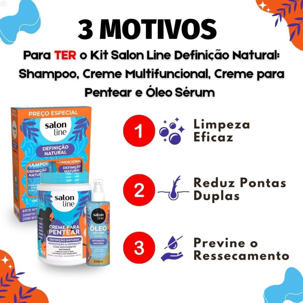 Kit Salon Line Definição Natural: Shampoo, Creme Multifuncional 300ml, Creme Para Pentear 1kg e Óleo Sérum Capilar 200ml ÚNICO 6