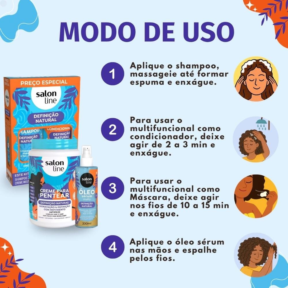 Kit Salon Line Definição Natural: Shampoo, Creme Multifuncional 300ml, Creme Para Pentear 1kg e Óleo Sérum Capilar 200ml ÚNICO 7