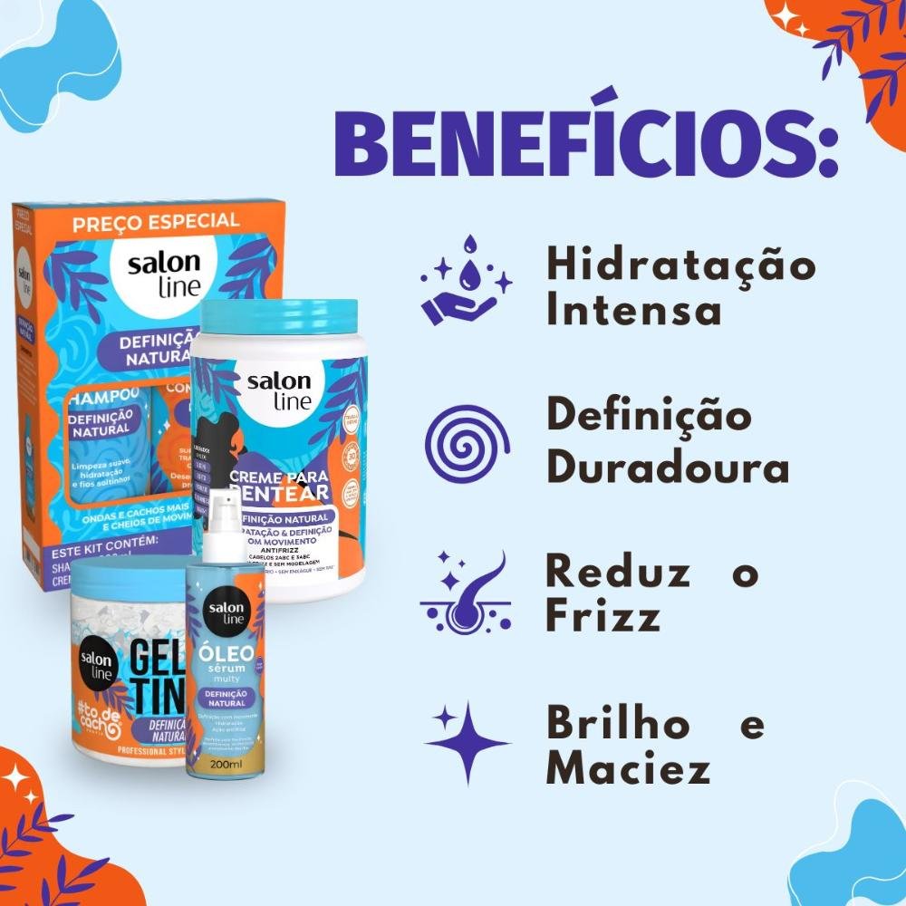 Kit Salon Line Definição Natural: Shampoo, Creme Multifuncional 300ml, Creme Para Pentear 1kg, Óleo Sérum 200ml e Gelatina Capilar 550g ÚNICO 2