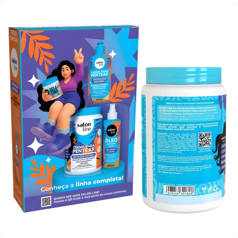 Kit Salon Line Definição Natural: Shampoo, Creme Multifuncional 300ml, Creme Para Pentear 1kg, Óleo Sérum 200ml e Gelatina Capilar 550g ÚNICO 3