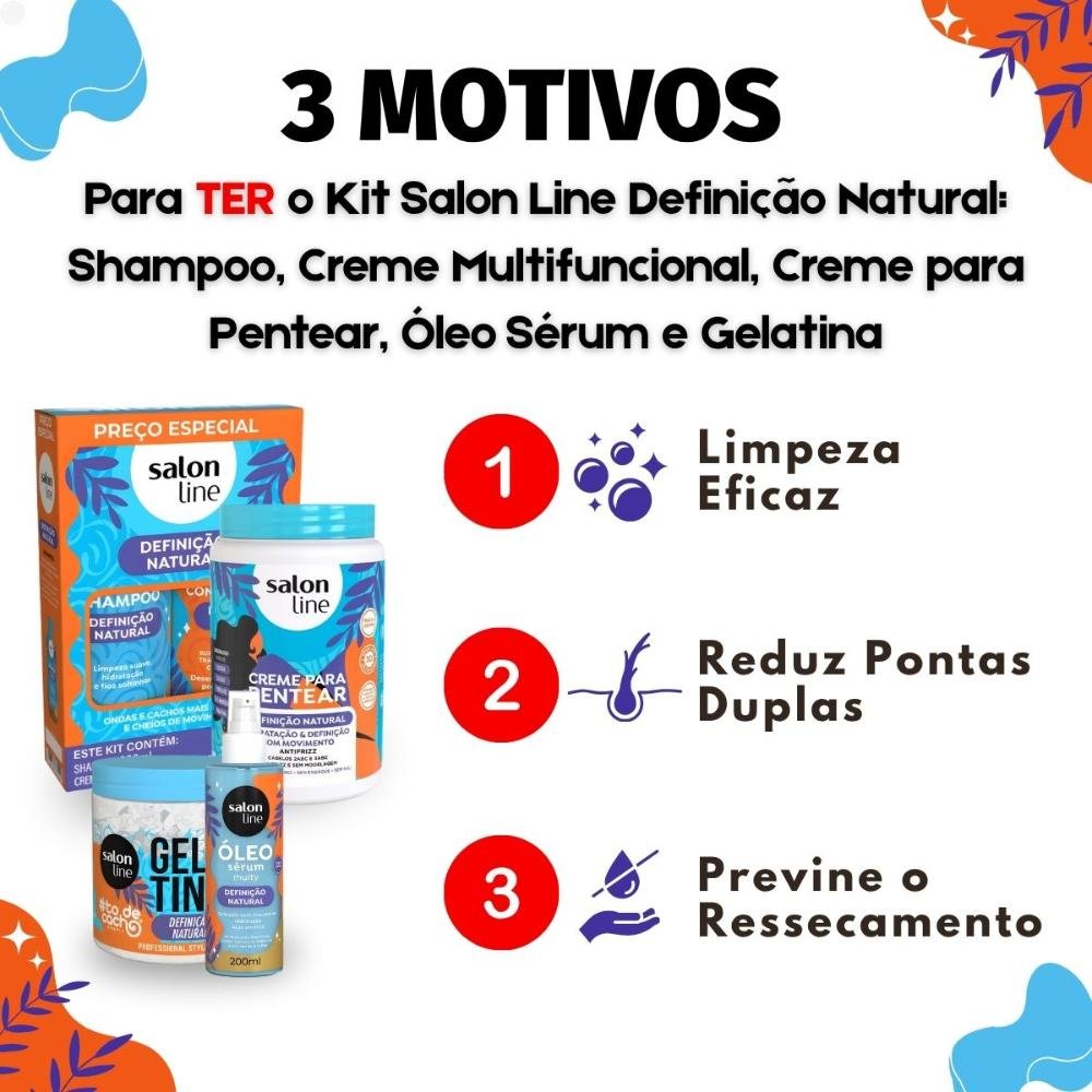 Kit Salon Line Definição Natural: Shampoo, Creme Multifuncional 300ml, Creme Para Pentear 1kg, Óleo Sérum 200ml e Gelatina Capilar 550g ÚNICO 6