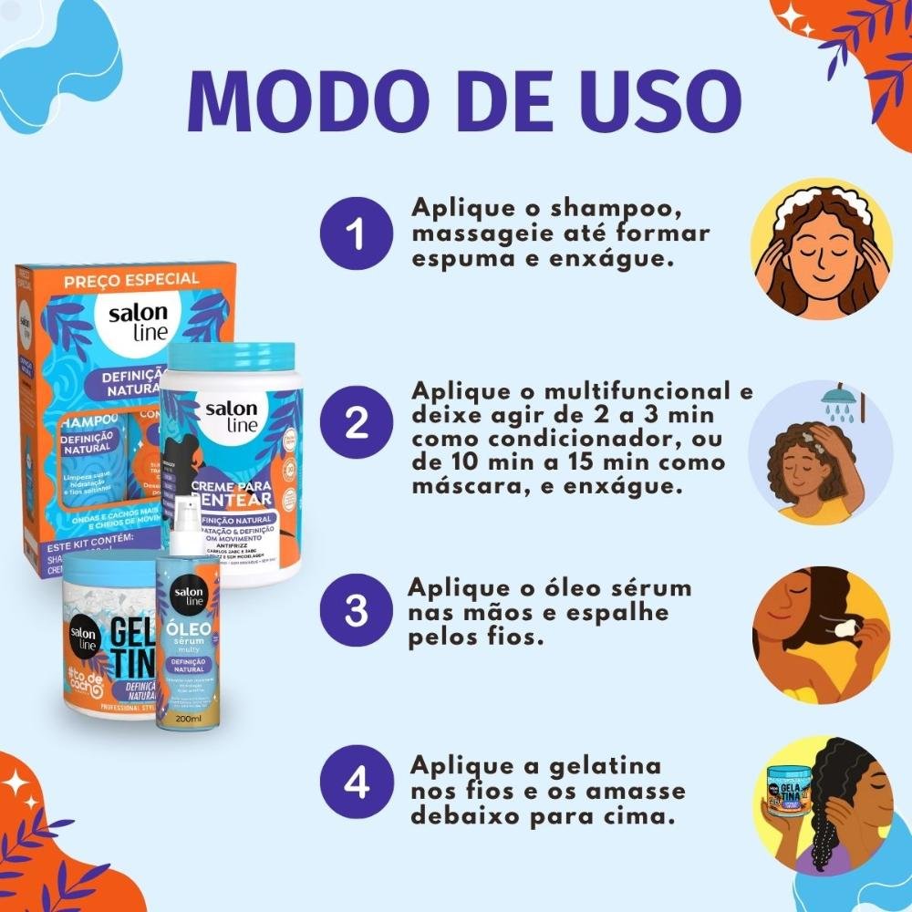 Kit Salon Line Definição Natural: Shampoo, Creme Multifuncional 300ml, Creme Para Pentear 1kg, Óleo Sérum 200ml e Gelatina Capilar 550g ÚNICO 7