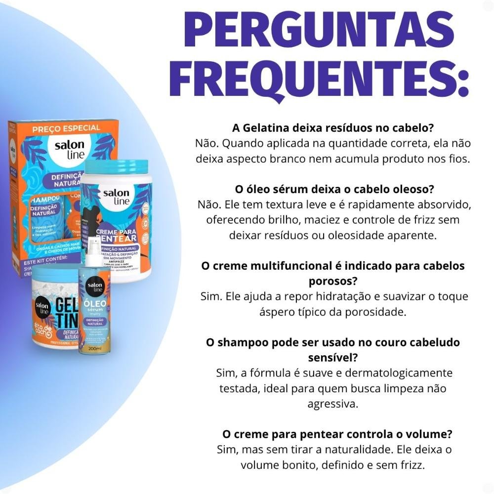 Kit Salon Line Definição Natural: Shampoo, Creme Multifuncional 300ml, Creme Para Pentear 1kg, Óleo Sérum 200ml e Gelatina Capilar 550g ÚNICO 8
