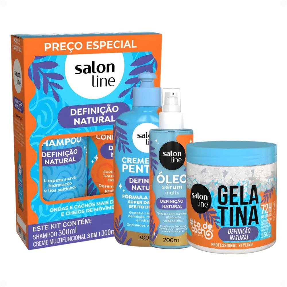 Kit Salon Line Definição Natural: Shampoo, Creme Multifuncional 300ml, Creme Para Pentear 300ml, Óleo Sérum 200ml e Gelatina Capilar 550g